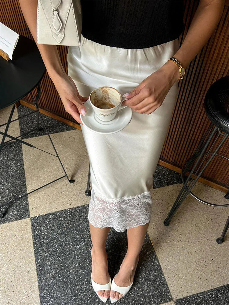 Tossy White Casual Lace Long Skirt For Women Slim High Waist Patchwork Elegant Commute Clothes Summer 2025 Female Maxi Skirt New HIP