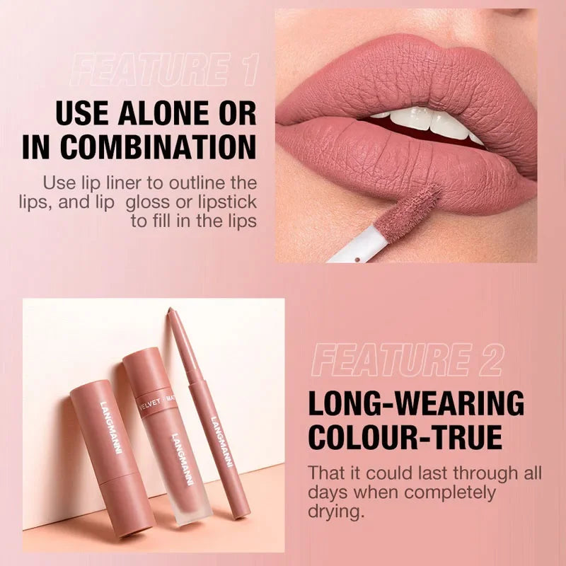 3PCS Matte Lipstick Set Nude Brown Velvet Liquid Lip Gloss Waterproof Non-stick Cup Lip Liner Plumper 24HR Lasting Not Easy Fade HIP