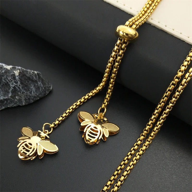 Fashion Bee Stainless Steel Long Necklace for Women Gold Color Statement Necklace Jewelry colgantes mujer moda N1525S03 HIP