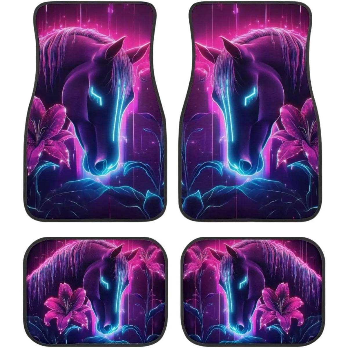 Neon Horse Print Car Floor Mats 4pc – Nonslip Universal Fit Car Floor Mats HIP black