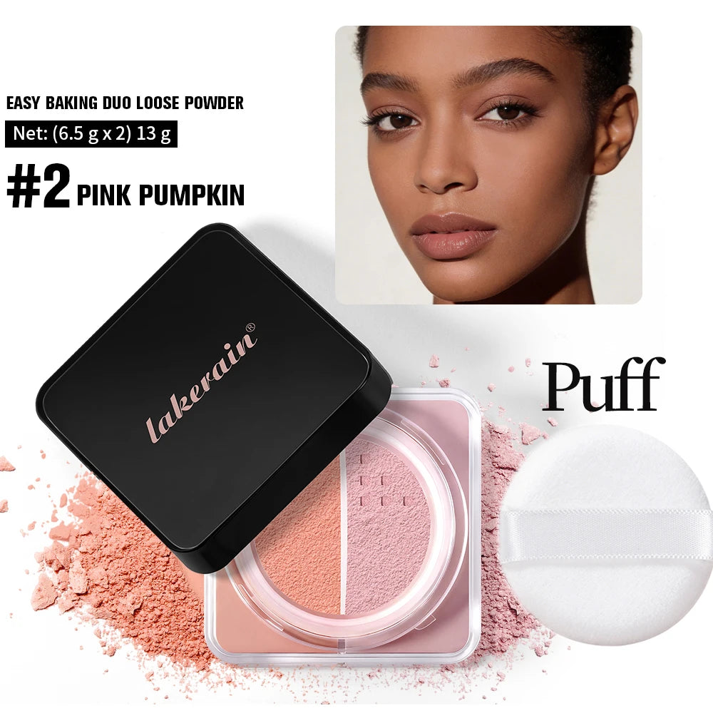 2 in 1 Bake Loose Powder Brightening&Correcting Duo Brightening Correcting Blurred Pores Matte LongLasting Setting Powder Makeup HIP and puff 1
