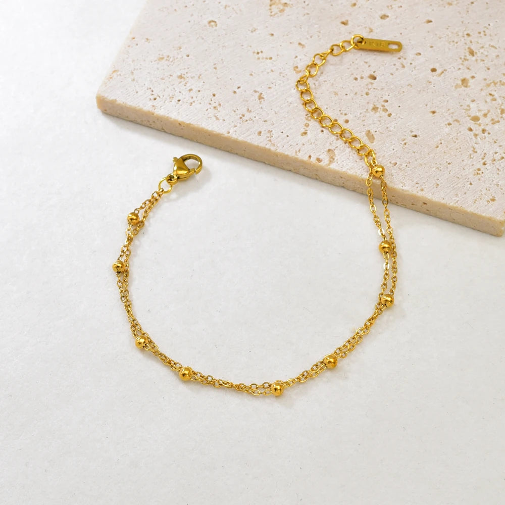S09 Simple Korean style Double-layer round Ball Small ball Gold bead bracelet, stainless steel gold women's style HIP Gold-color