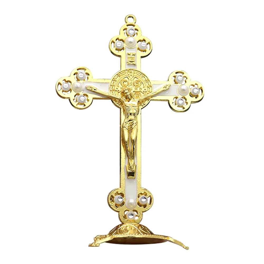 Golden Crucifix Metal Cross Figurine – Oil Drop Colors 8 & 14cm Religious Figurine HIP White 14cm