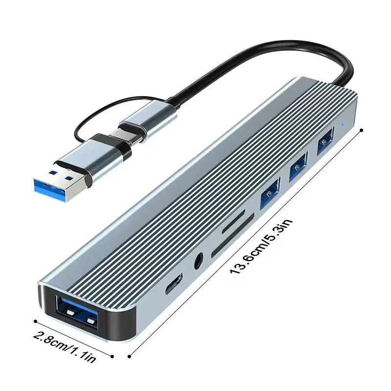 8-in-1 USB A & USB C Hub, USB 3.0 5Gbps, 3× USB 2.0, SD TF Card Reader, 3.5mm Audio, Multiport Adapter HIP