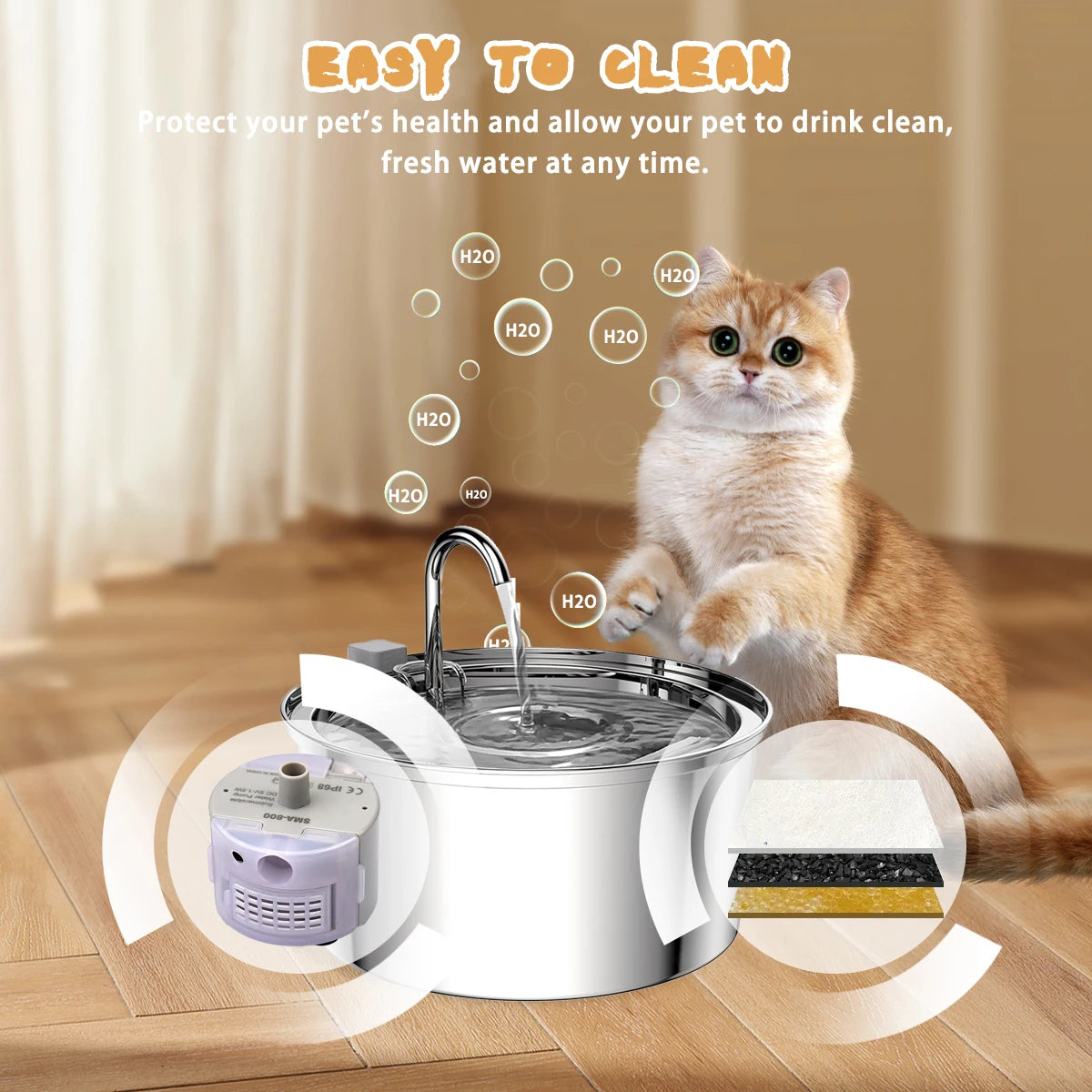 Stainless Steel Pet Water Fountain、3.2L/108oz、Auto、Ultra Quiet Pump、5/9Pcs Replacement Filters、Cats Dogs Multiple Pets HIP