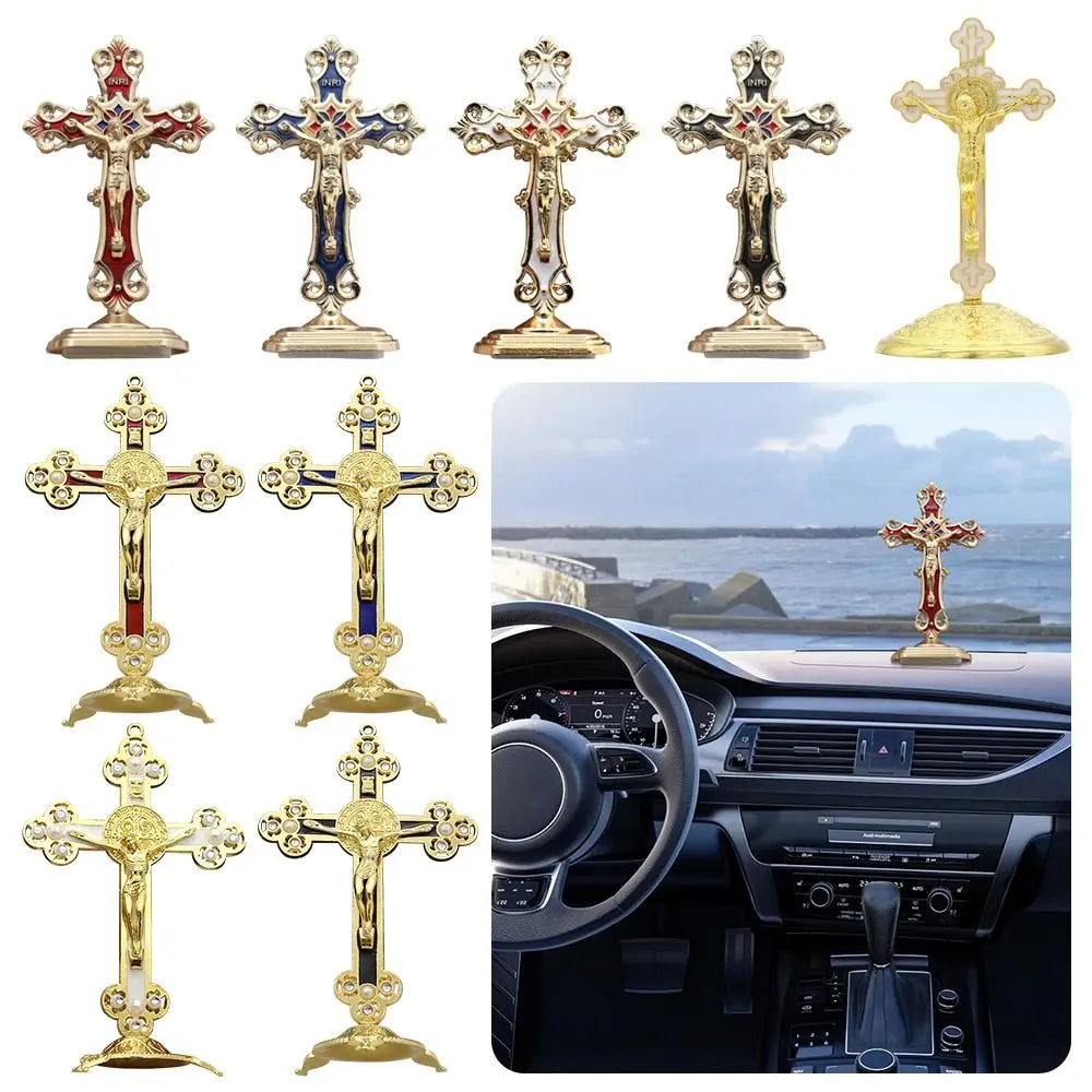 Golden Crucifix Metal Cross Figurine – Oil Drop Colors 8 & 14cm Religious Figurine HIP