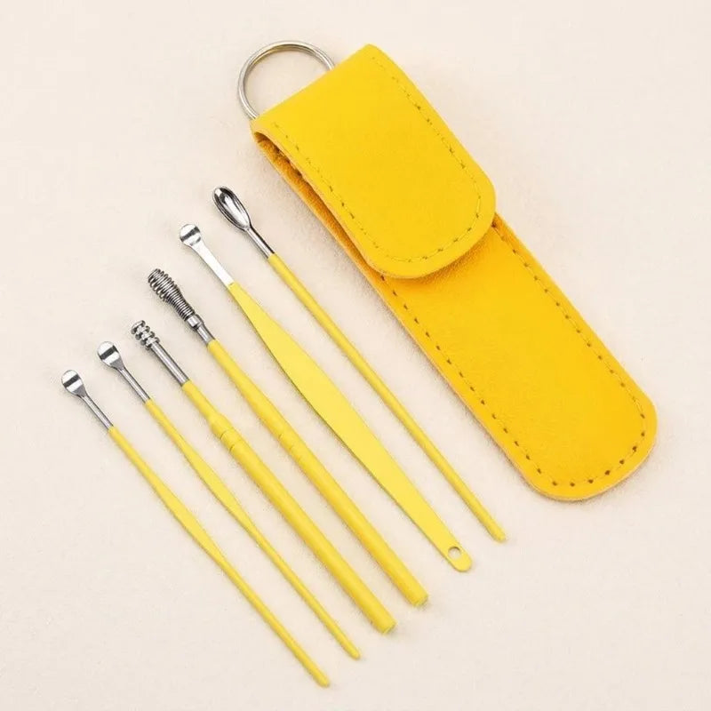 6-Piece Stainless Steel Ear Wax Cleaner Kit with Case Ear Cleaning Kit HIP C806-Yellow-6pcs