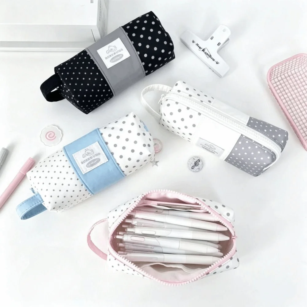 Polka Dot Canvas Pencil Case – Bear Patch Zipper Pouch Canvas Pencil Case HIP