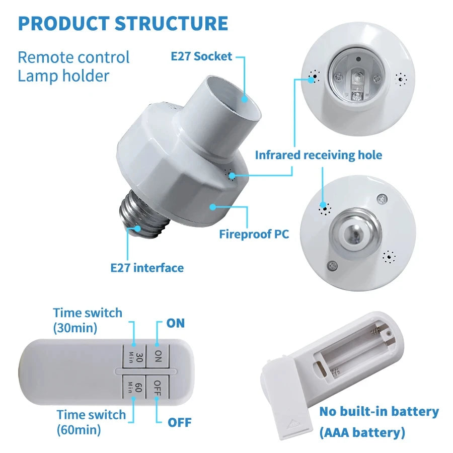 E27 Light Bulb Socket Lamp Bases With Smart Timer Switch Wireless Remote Control Lamp Holder for Pendant Lamp Ceiling Chandelier HIP