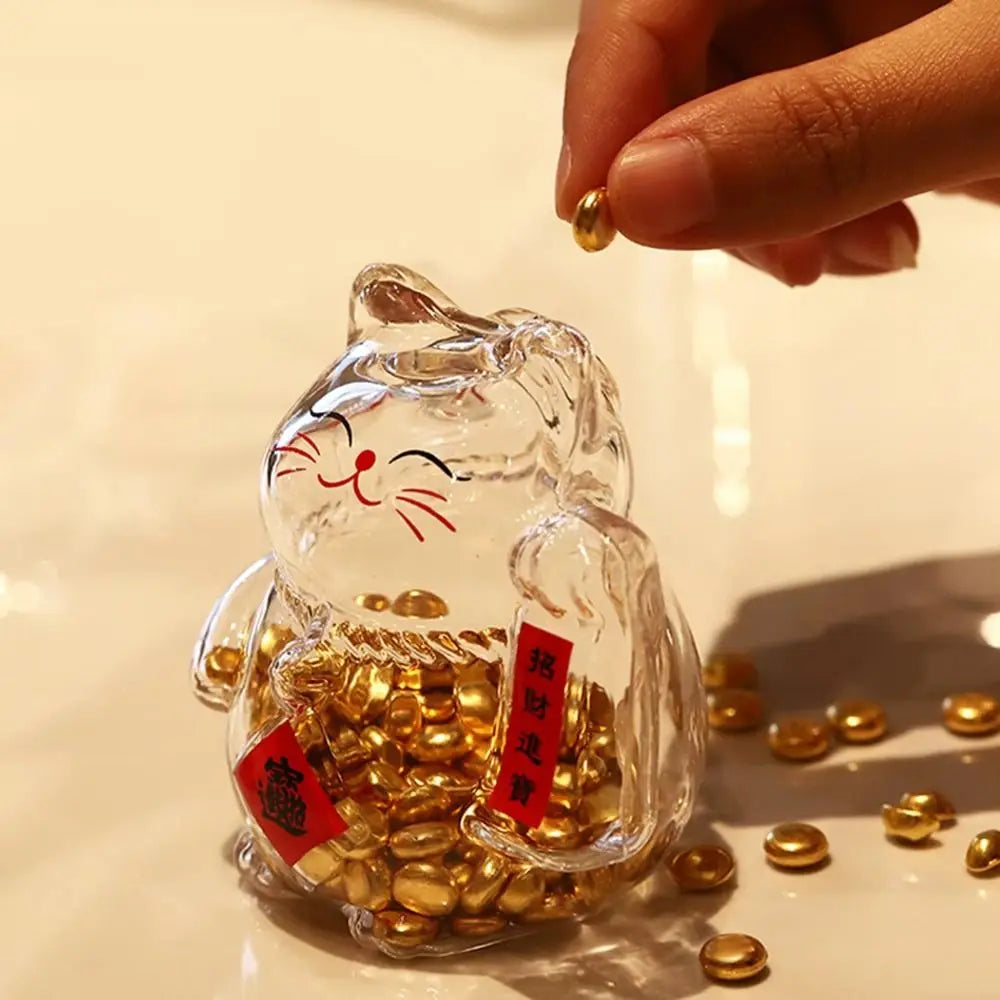 Lucky Cat Glass Piggy Bank – Cute Coin Jar & Home Décor Decorative Coin Bank HIP