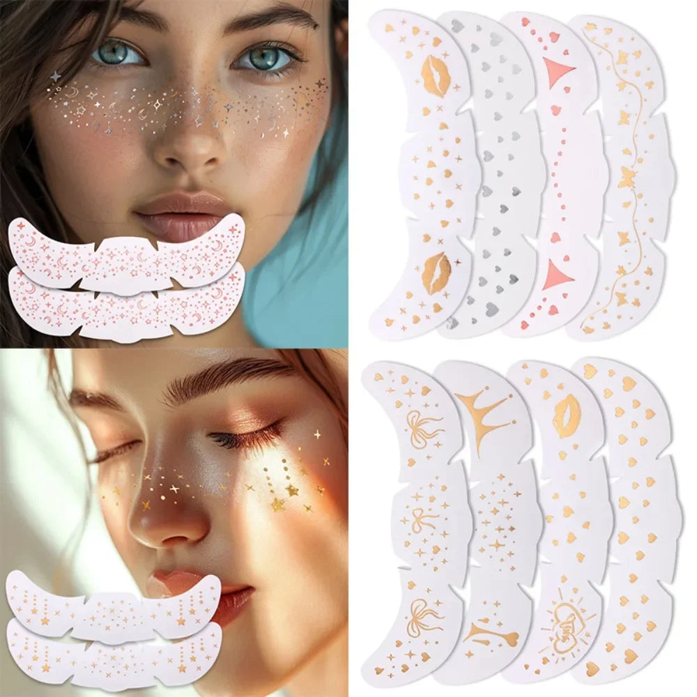6Pcs/Set Glitter Skincare Freckles Face Tattoo Sparkle Temporary Tattoo Bow Love Kiss Makeup Patch Valentine's Day Face Tattoo HIP