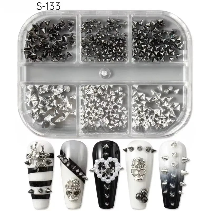 12 Grids Aurora White Blue Starfish Shell Conch Coconut Tree Pearl Nail Rhinestones Decorations Manicure Ocean Life Charms HIP Black Silver