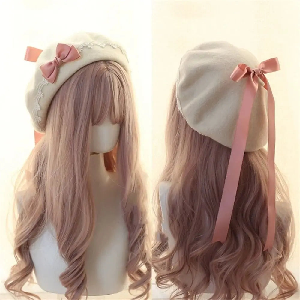 Japanese Lolita Wool Beret with Lace Bow – Winter Hat Winter Beret Hat HIP