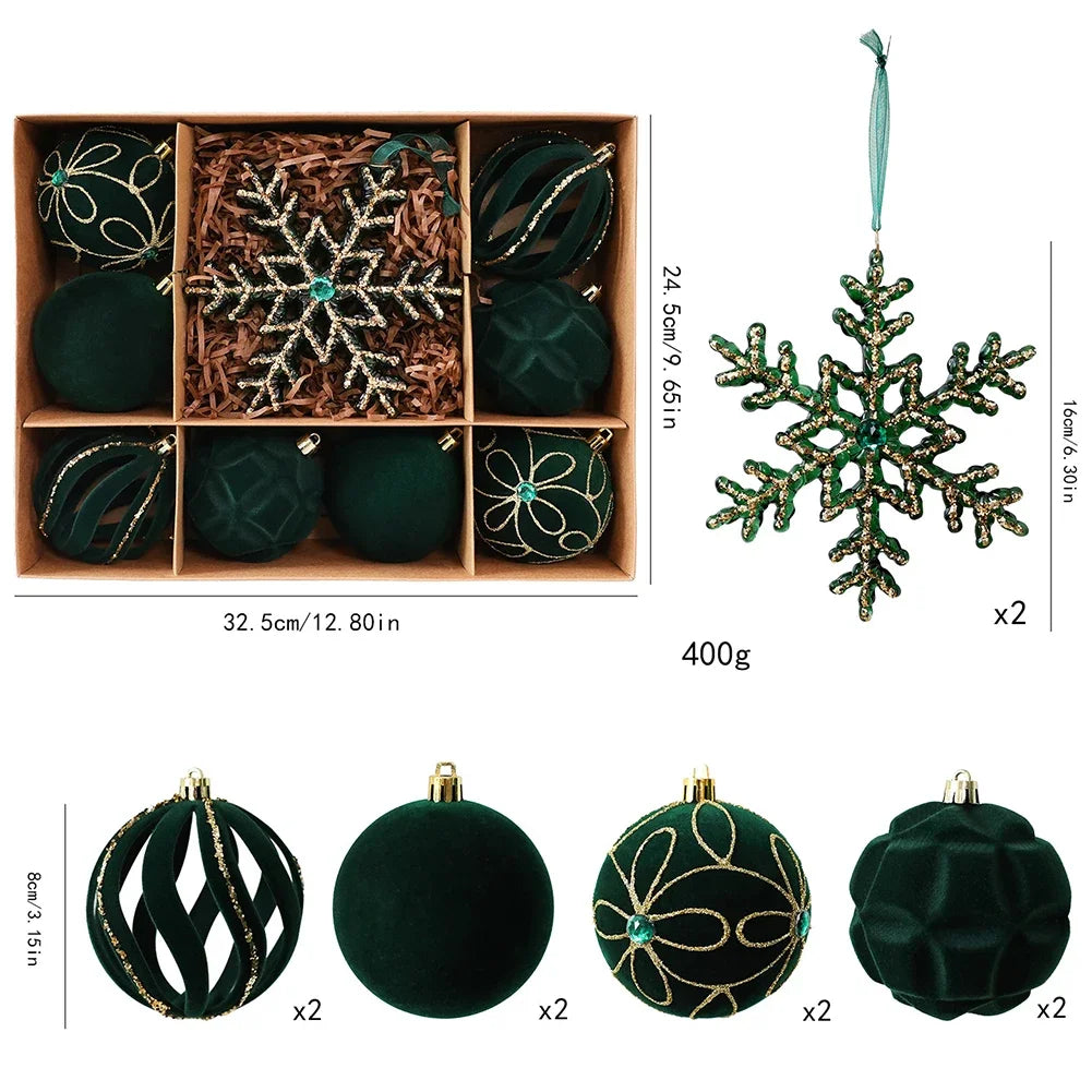 Velvet Christmas Ball Set 10Pcs/Set Snowflake Ball Pendant Shaped Plastic Christmas Ball Pendant Christmas Tree Decoration HIP Dark Green Snowflake
