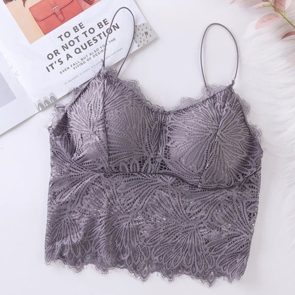 Women's Lace Bralette Crop Tank Top – Zipper Bustier Lace Bralette Crop Top HIP Grey