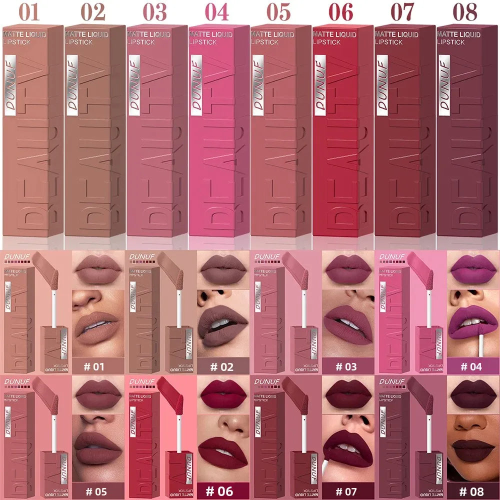 DUNUF Velvet Matte Lip Glaze – Waterproof, 8 Shades Velvet Matte Lip Glaze HIP