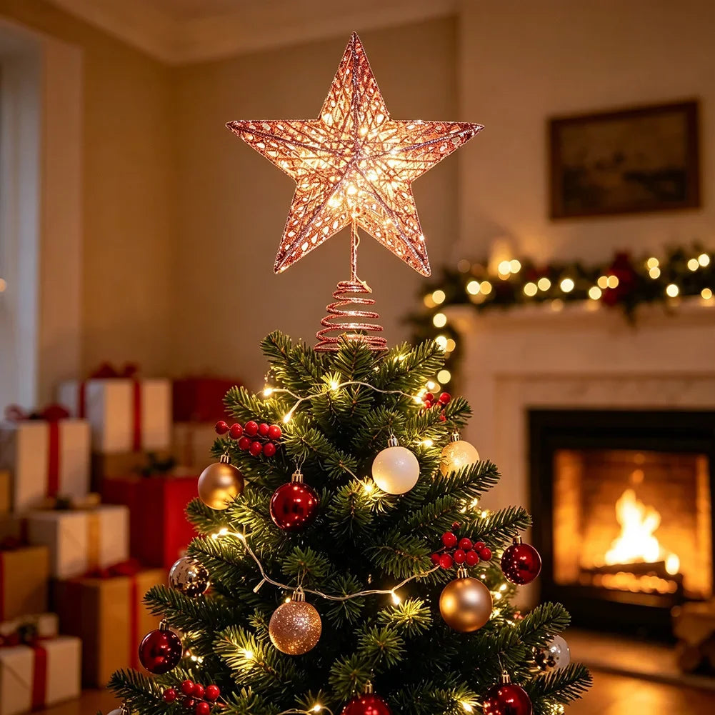 With LED Lights Iron Five-Pointed Glowing Star Christmas Tree Topper Star For Xmas Home Party Decor HIP