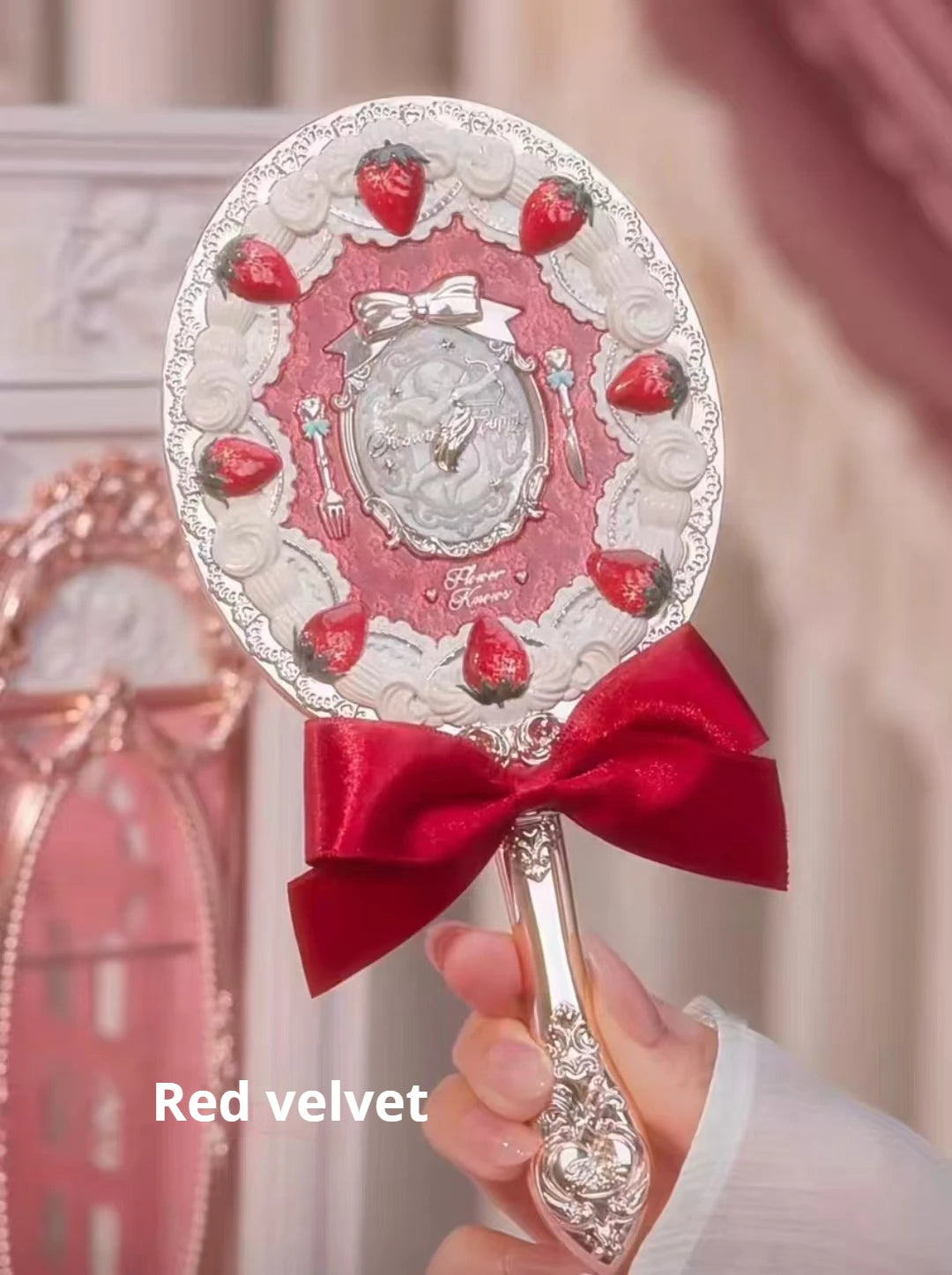 Flower Knows Handheld Makeup Mirror – Strawberry & Butterfly Handheld Makeup Mirror HIP red