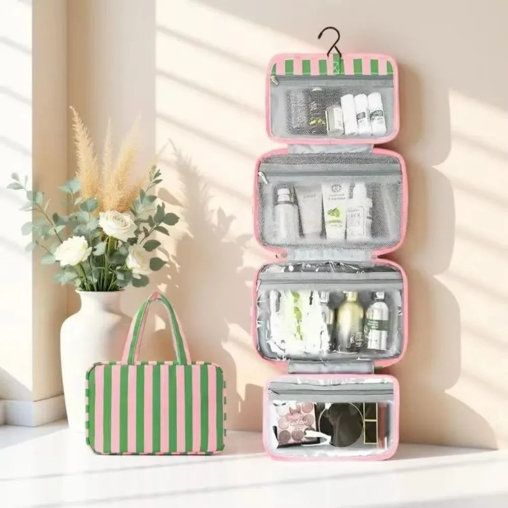 4-Fold Hanging Travel Toiletry Bag – Striped Cosmetic Organizer Cosmetic Travel Bag HIP