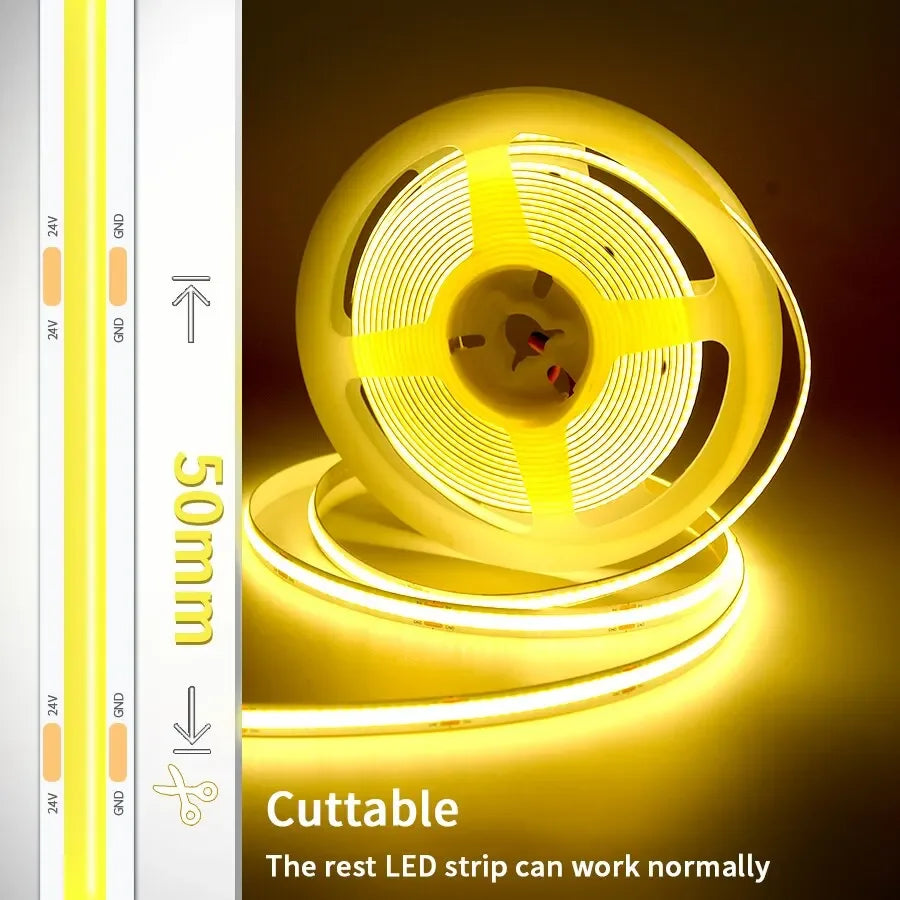 DC12V 24V COB LED Strip Light Flexible Tape Ribbon LED Light For Room Decor Backlight 3000-6000K Linear Dimmable 1M 2M 3M 5M 10M HIP