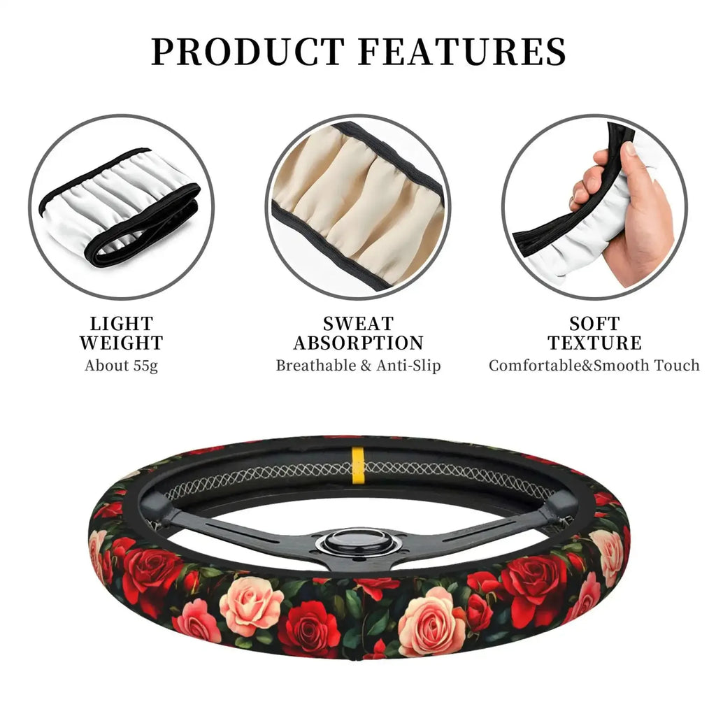 Neoprene Steering Wheel Cover 15 Inch – Red Rose + Cup Holders Steering Wheel Cover HIP