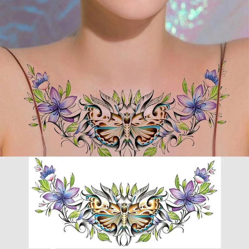 Large Waterproof Temporary Tattoo Sticker – Floral Butterfly Gem