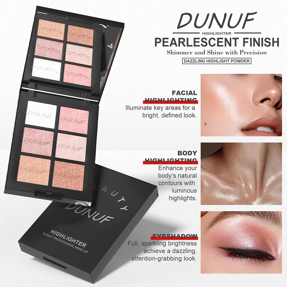DUNUF 6-Color Highlighter Palette – Matte & Pearl Contour Highlighter Palette HIP