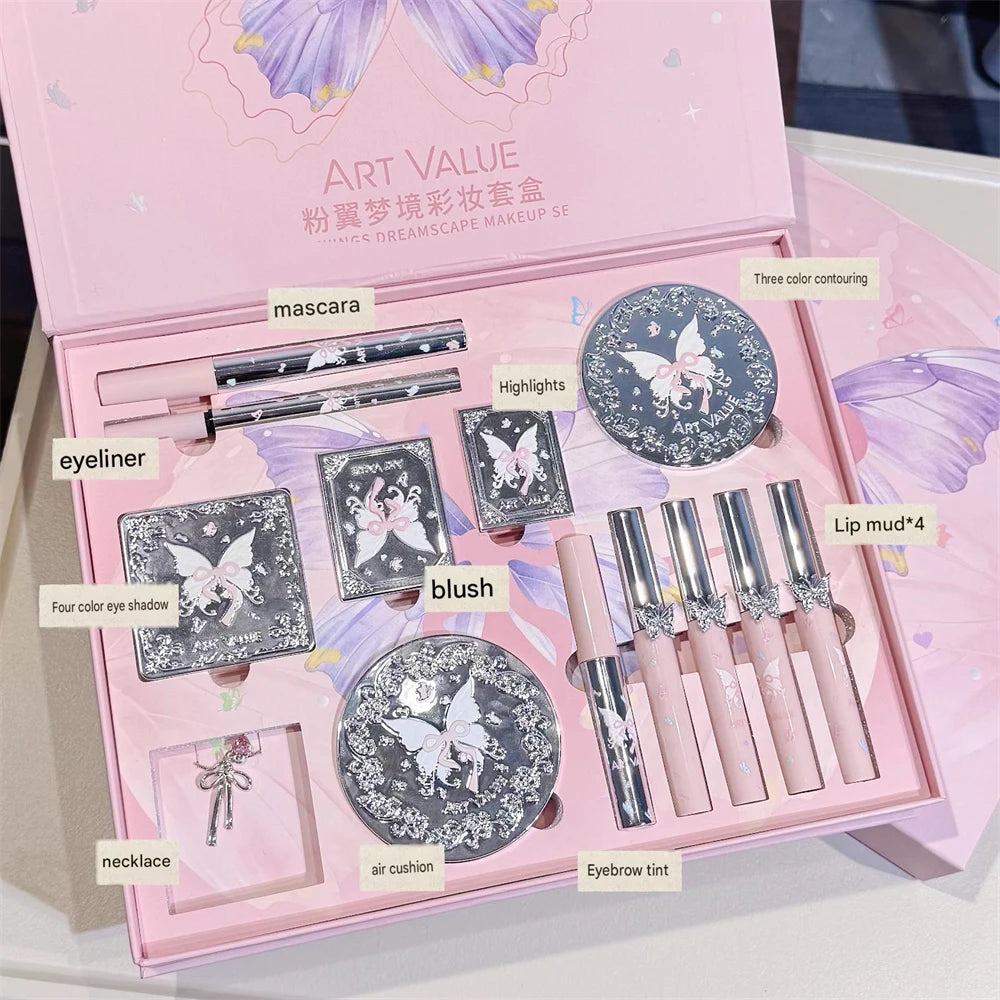 13Pcs Full Face Makeup Kit Butterfly Eyeshadow Blush Highlighter Contour Lip Mud Air Cushion Eye Brow Gel Mascara Necklace Gift HIP