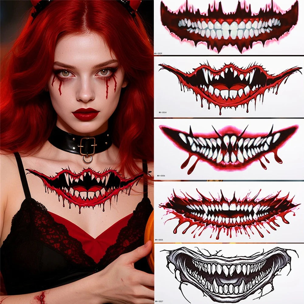 Big Mouth Tattoo Stickers 3D Creepy Lip & Body Decals for Party Makeup Horror DIY Fake Wounds & Scars For Halloween Party Tool HIP