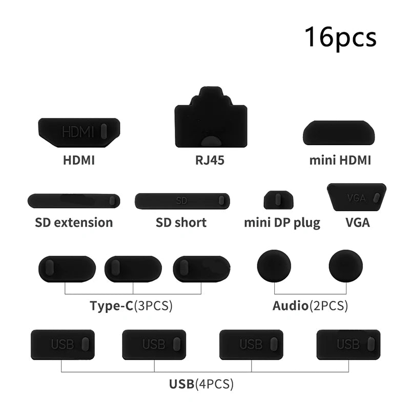 16-Piece Silicone Laptop Dust Plug Set – USB, HDMI, RJ45 & More Laptop Port Covers HIP