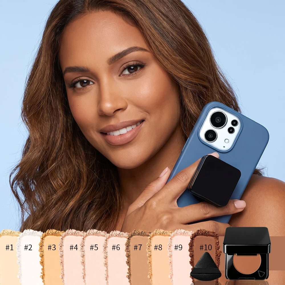 3 In 1 Setting Pressed Powder Phone Grip With Mirror Makeup Powder Brightening Long Lasting Control oil Matte Easy Makeup HIP