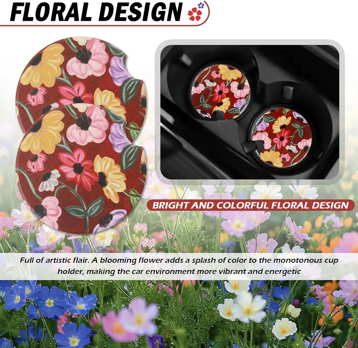 2-Pack Absorbent Ceramic Car Cup Holder Coasters – Floral Car Cup Holder Coasters HIP