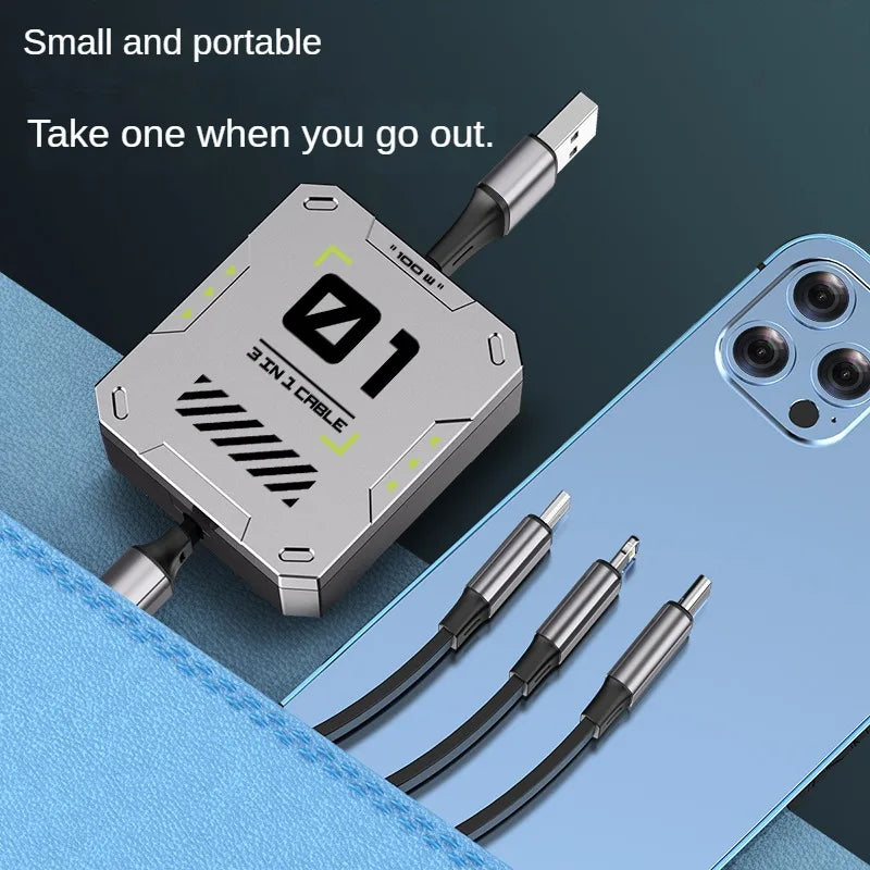 3 in 1 Multi Retractable USB Phone 100W Fast Charging and Data Cable for Lightning/Android/Type-C Devices HIP