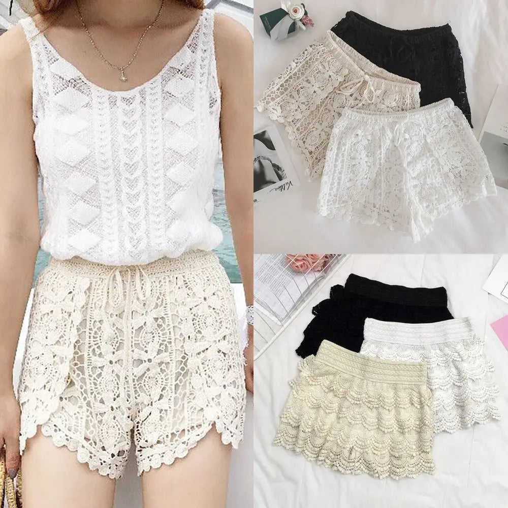 Boho Crochet High Waist Lace-Up Shorts for Women Crochet Lace Shorts HIP