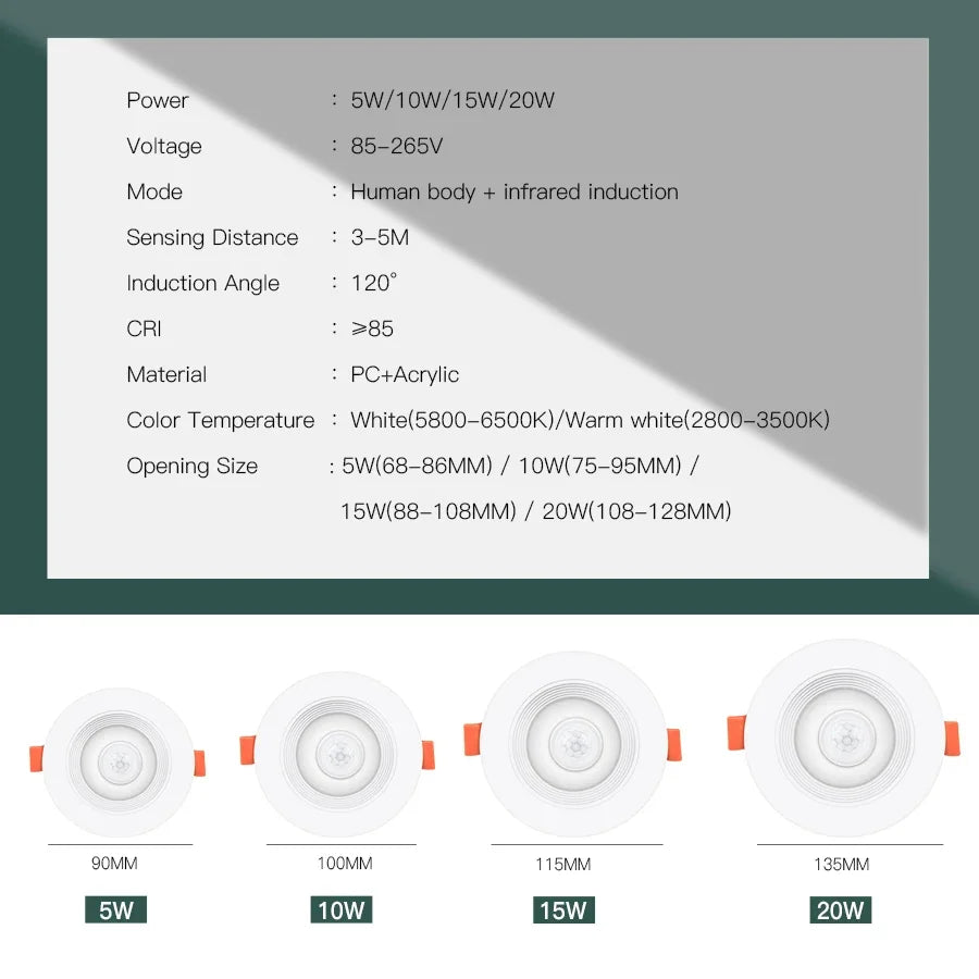 PIR Motion Sensor Spot LED Downlight 5W 10W 15W 20W Recessed Ceiling Lamp LED Spot Light For Entrance Hallway Stairs AC 85-265V HIP