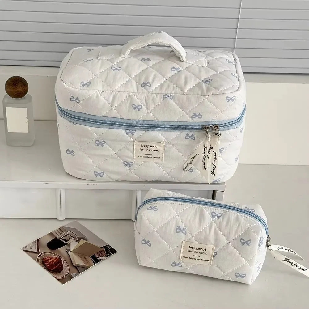 Blue Bow Cotton Makeup Bag Set – 3-Piece Travel Cosmetic Pouch Cosmetic Bag Set HIP