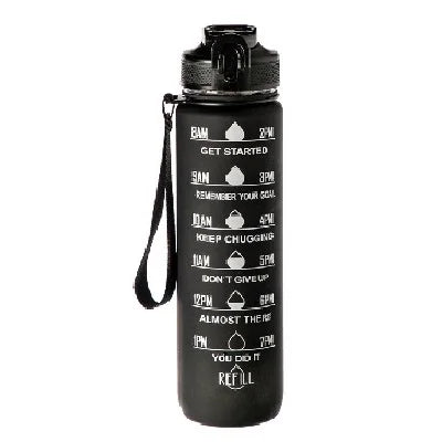 1L Gradient Sports Water Bottle with Straw & Time Marker Sports Water Bottle HIP Black 1L