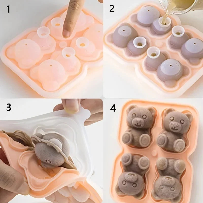 3D Teddy Bear Silicone Ice Cube Mold – 4-Grid Fun Ice Maker Silicone Ice Mold HIP