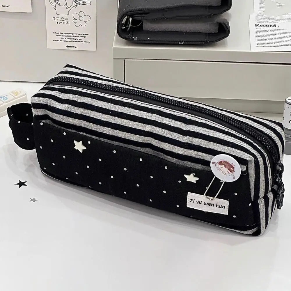 Striped Polka Dot Canvas Pencil Bag – Large Capacity Pouch Canvas Pencil Case HIP