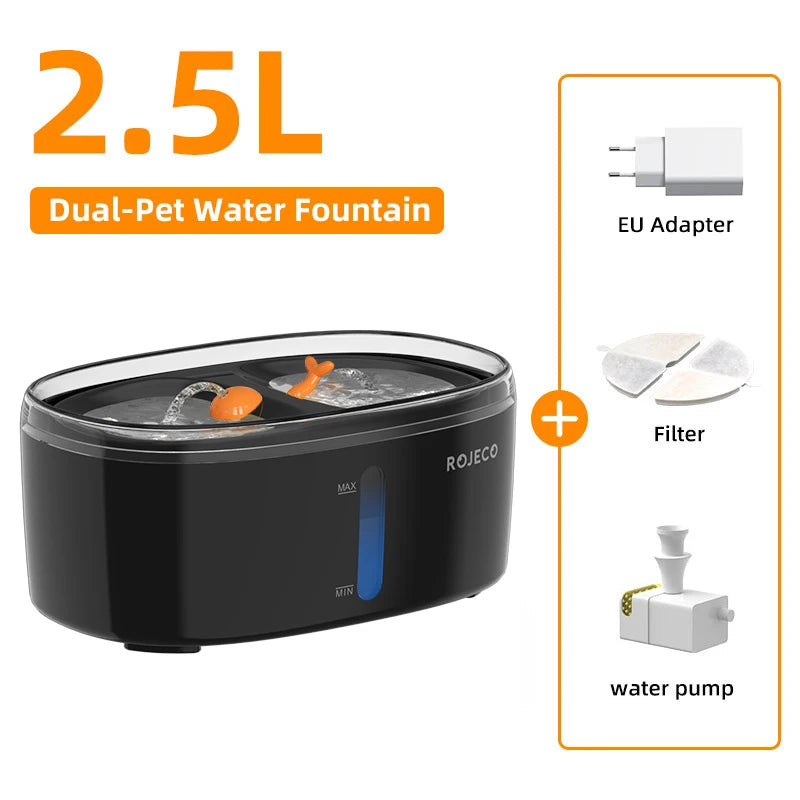 ROJECO Automatic Cat Water Fountain 2.5L Water Dispenser For Multiple Pets Smart Fountain Drinker For Pet Cat Kitten Dual Bowls HIP With EU Plug 2.5L