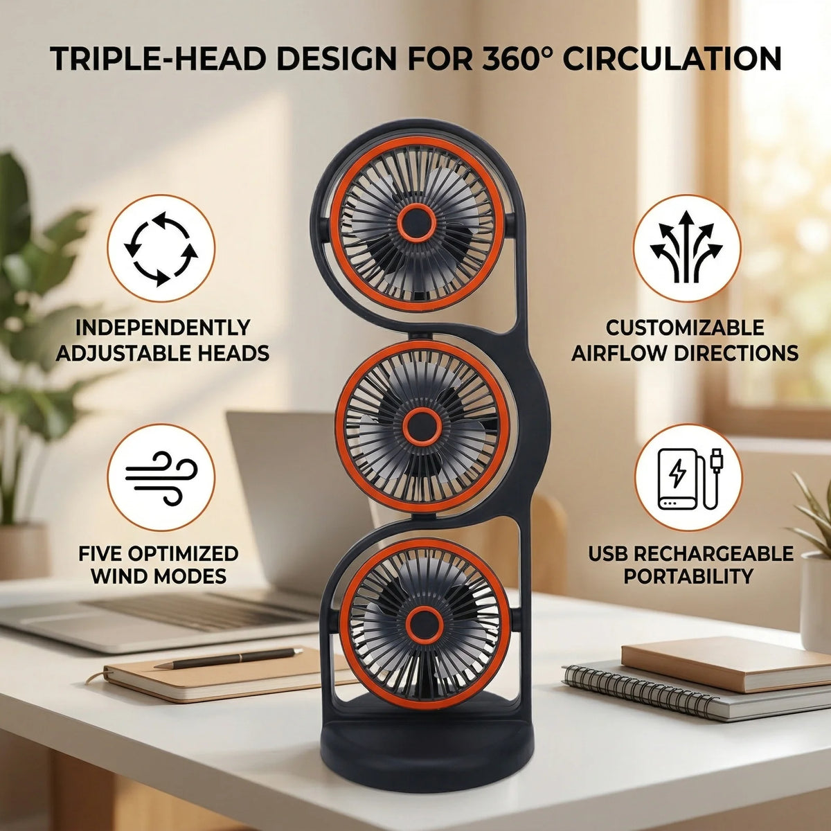 3 Head Fan Desk Fan Desk Fan USB Rechargeable Portable 3 Head Fan with Multiple Speed Settings Light for Study Work Outdoor HIP