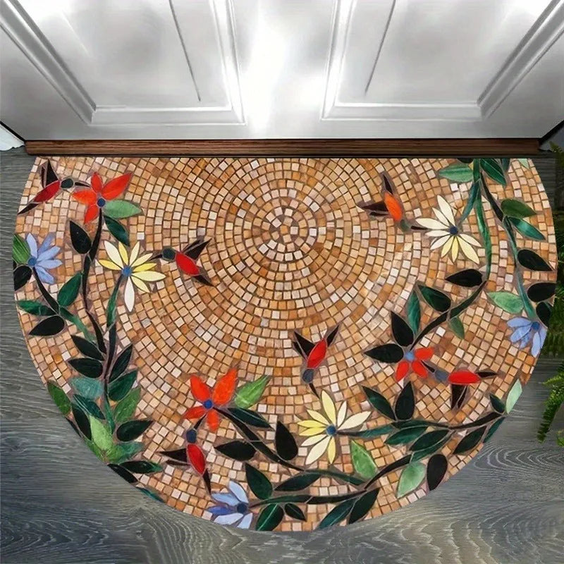 Boho Floral Half Circle Doormat – Non-Slip Washable Rug Doormat Floor Rug HIP 1 60x90cm-Felt