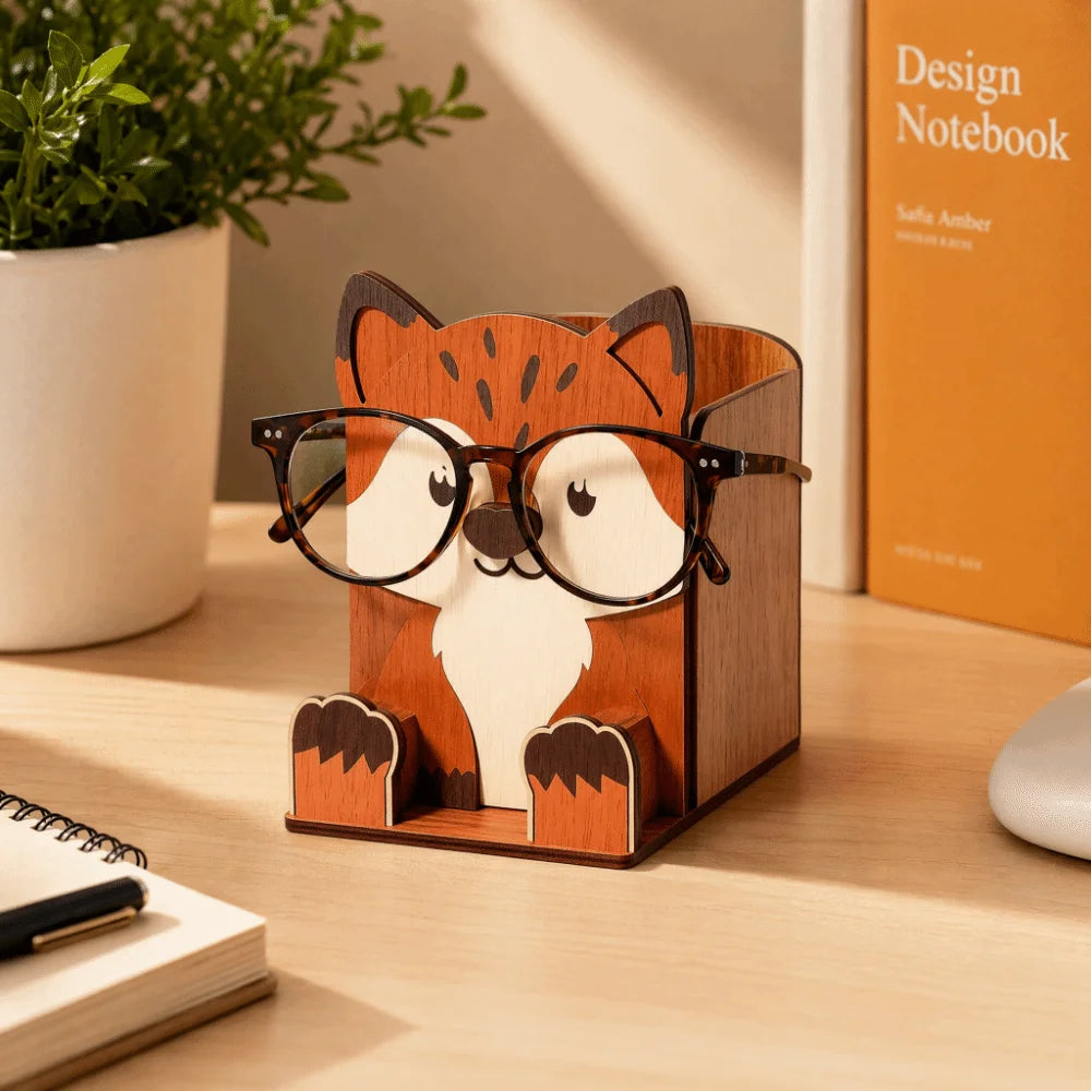 Hand-Carved Wooden Animal Glasses & Pen Holder Stand Wooden Desk Organizer HIP