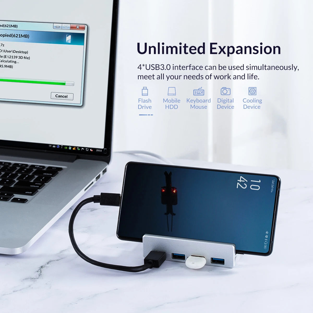 6-in-1 Clip-On USB 3.0 Hub 5Gbps – Aluminum + TF Card Slot USB Hub HIP