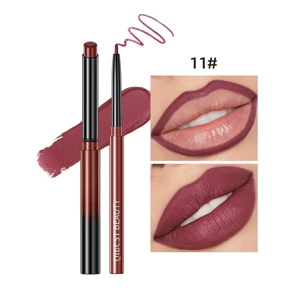 QIBEST Lipliner Pencil Lipstick Set Matte Nude Red Contour Tint Lipstick Long Lasting Non-stick Cup Lipliner Makeup Lip Stain HIP 11