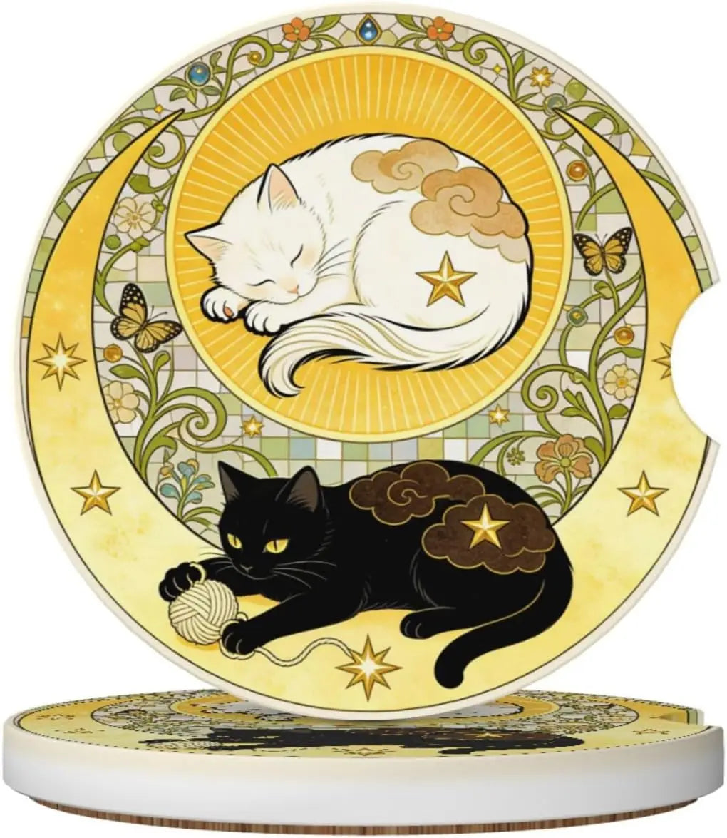 Cat 2-Pack Ceramic Car Cup Holder Coasters – Absorbent Ceramic Car Coasters HIP Black Other