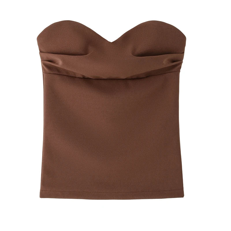HXAO Women's Corset Crop Top Woman Summer Strapless Black Tube Top Ruched Backelss Sexy Solid Tops Off Shoulder Bustier 088 HIP Brown S