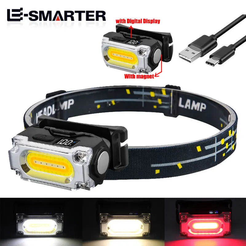 ESMARTER Magnetic Hat Clip Headlamp – 6 Modes & Digital Display LED Headlamp HIP