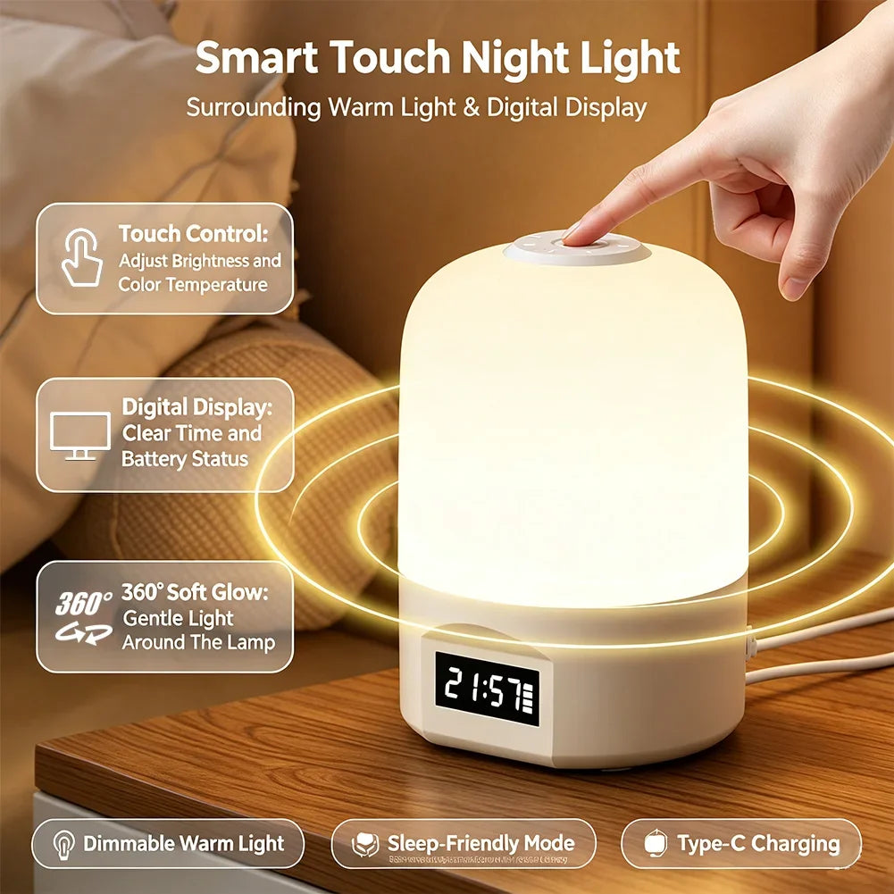 Rechargeable LED Night Light 1200Mah With Clock Remote Control Stepless Dimming Bedside Lamp For Bedroom Kids Gift HIP