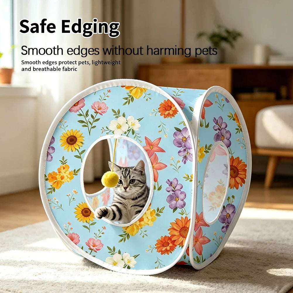 Cute Cat Tunnel Training Interactive Toy Blue Background Printed Cat Toy Tunnel Foldable Floral Pattern Cat Tunnel Pet Supplies HIP